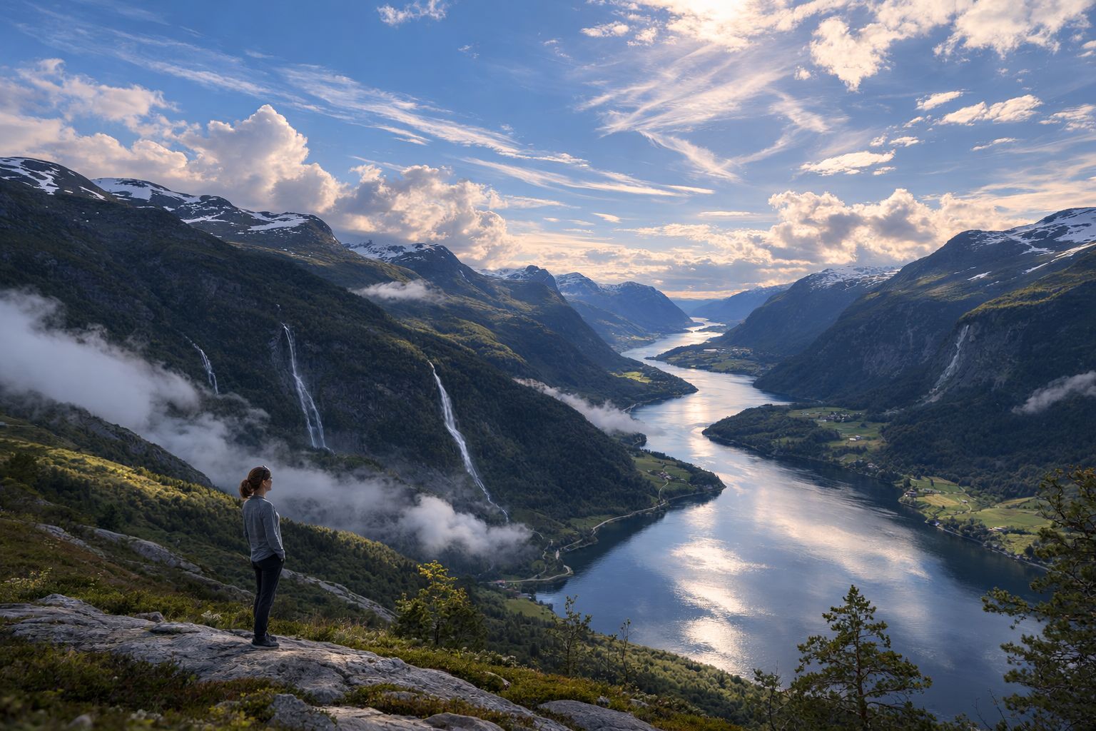 Person mit weitem Blick über einen norwegischen Fjord in ruhiger Natur